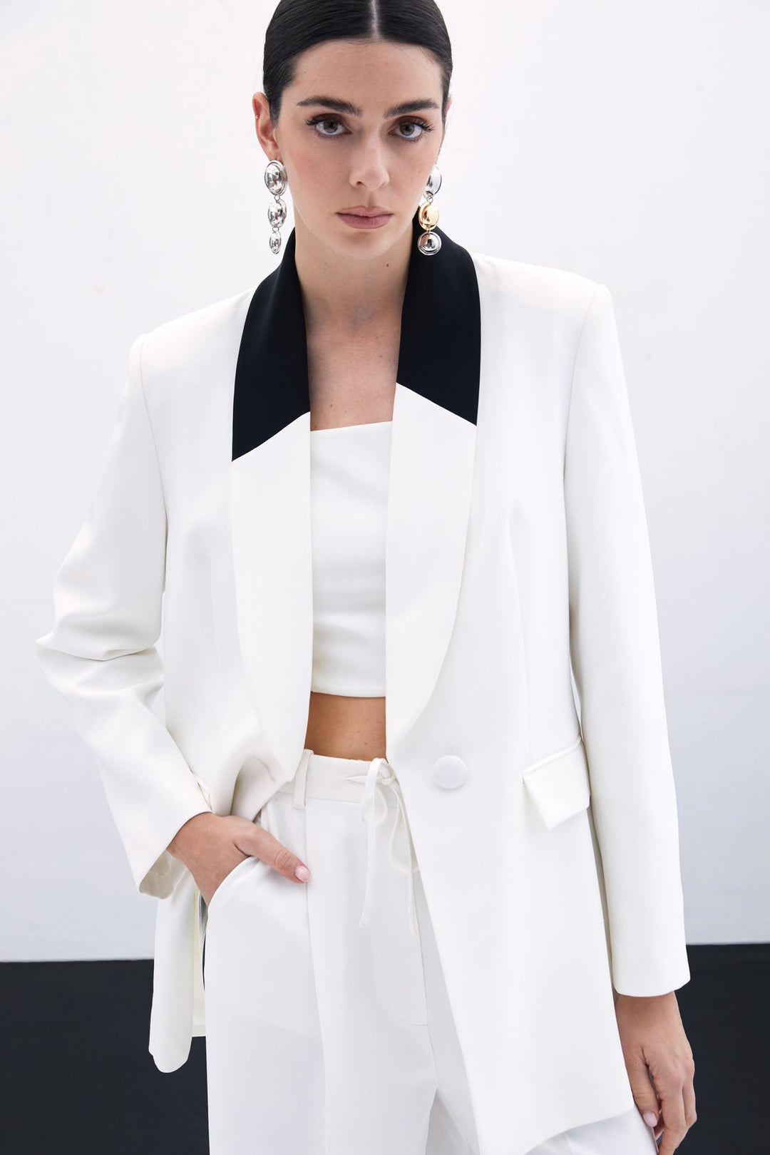 Sateen Veste Longue Contrastée - Écru