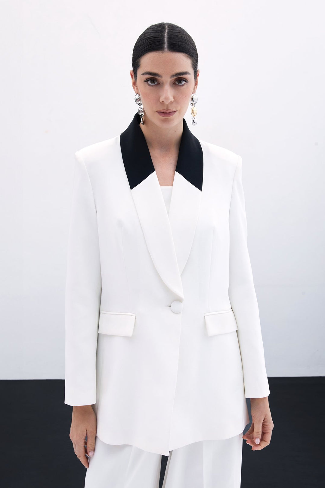 Sateen Veste Longue Contrastée - Écru