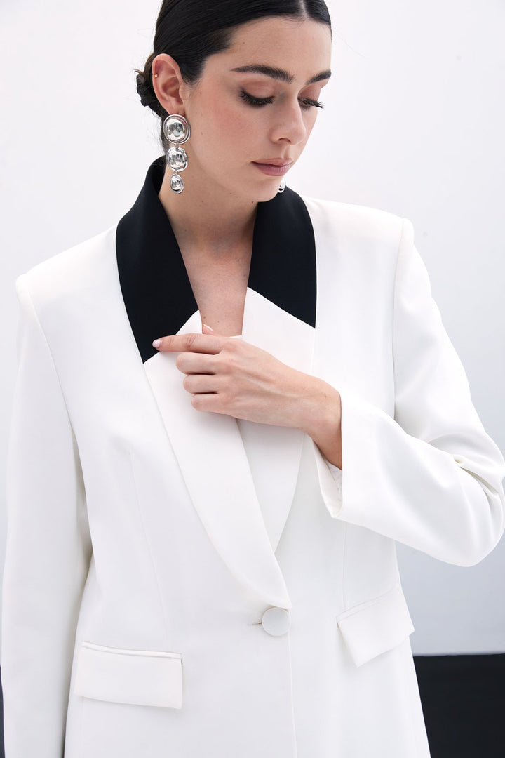 Sateen Veste Longue Contrastée - Écru