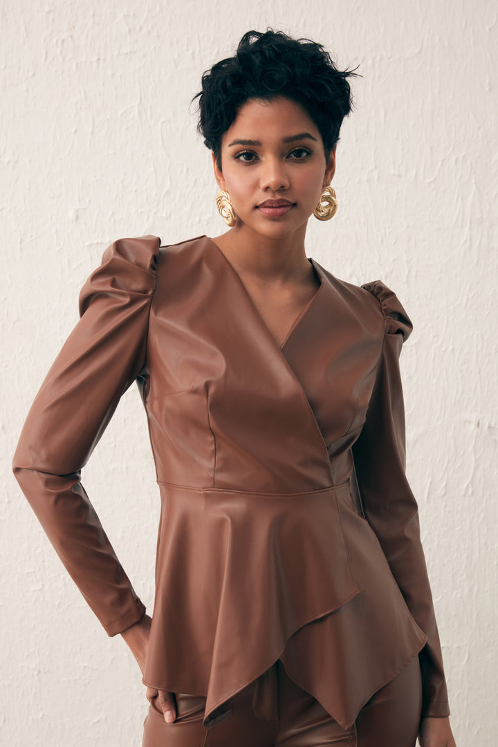 Sateen Blouse en cuir croisée - Marron