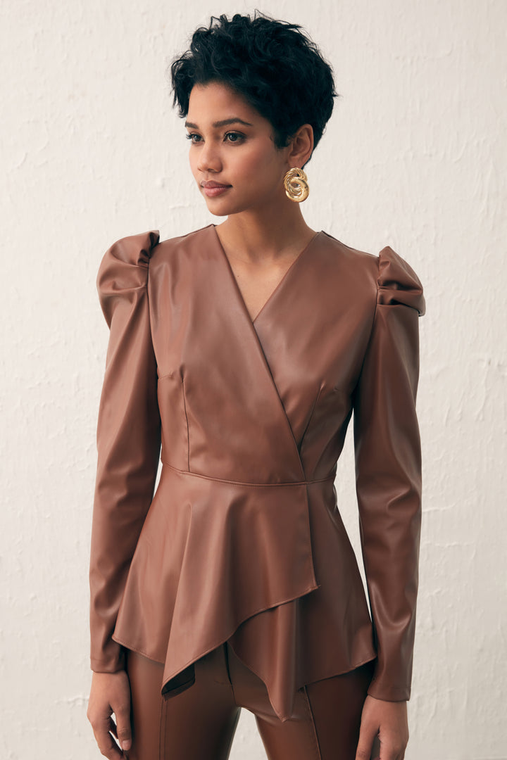Sateen Blouse en cuir croisée - Marron