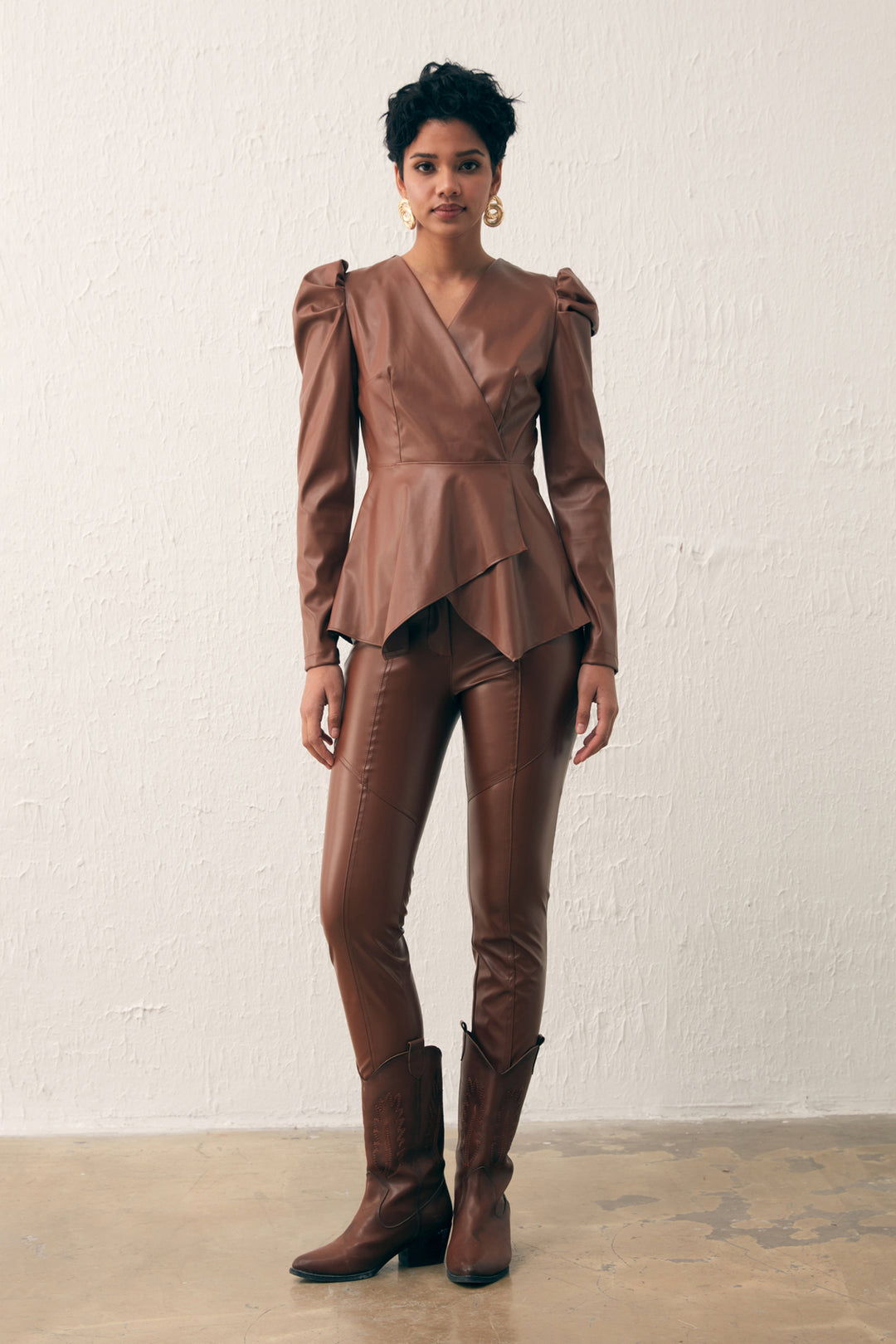 Sateen Blouse en cuir croisée - Marron