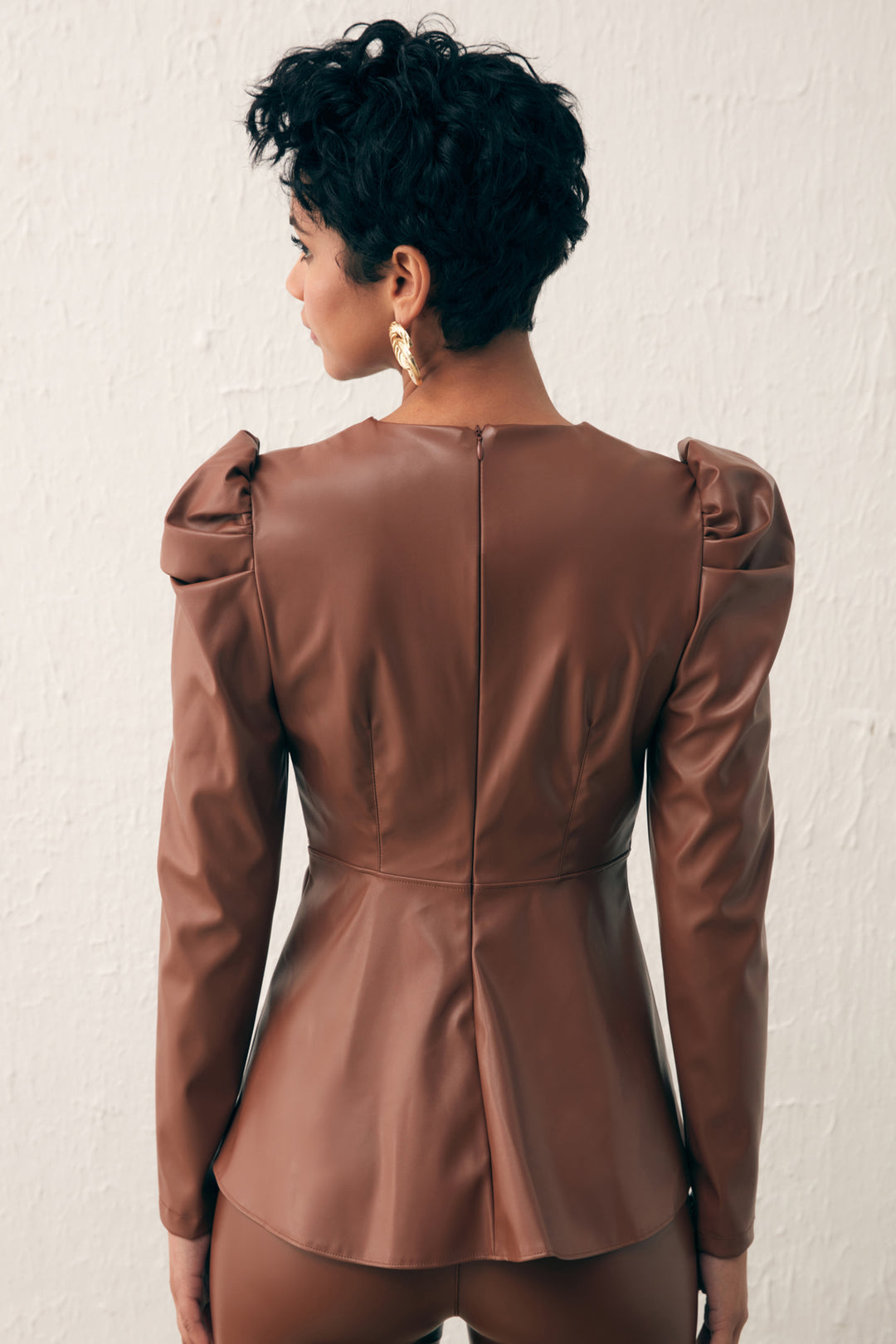 Sateen Blouse en cuir croisée - Marron