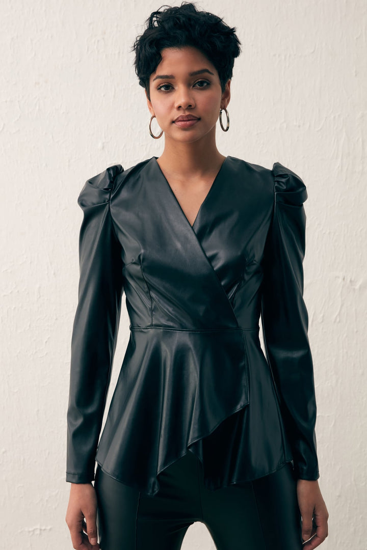 Sateen Blouse en cuir croisée - Noir