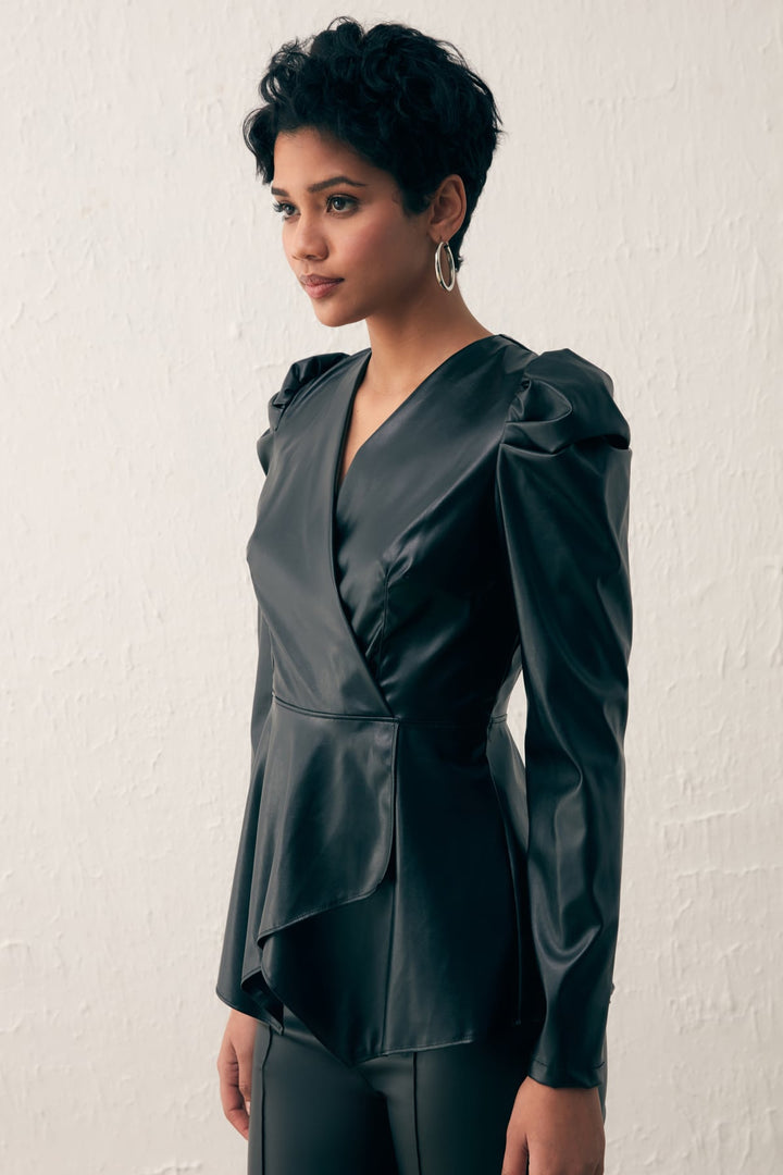 Sateen Blouse en cuir croisée - Noir