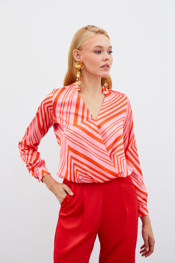Sateen Blouse Croisée à Motifs - Fuchsia