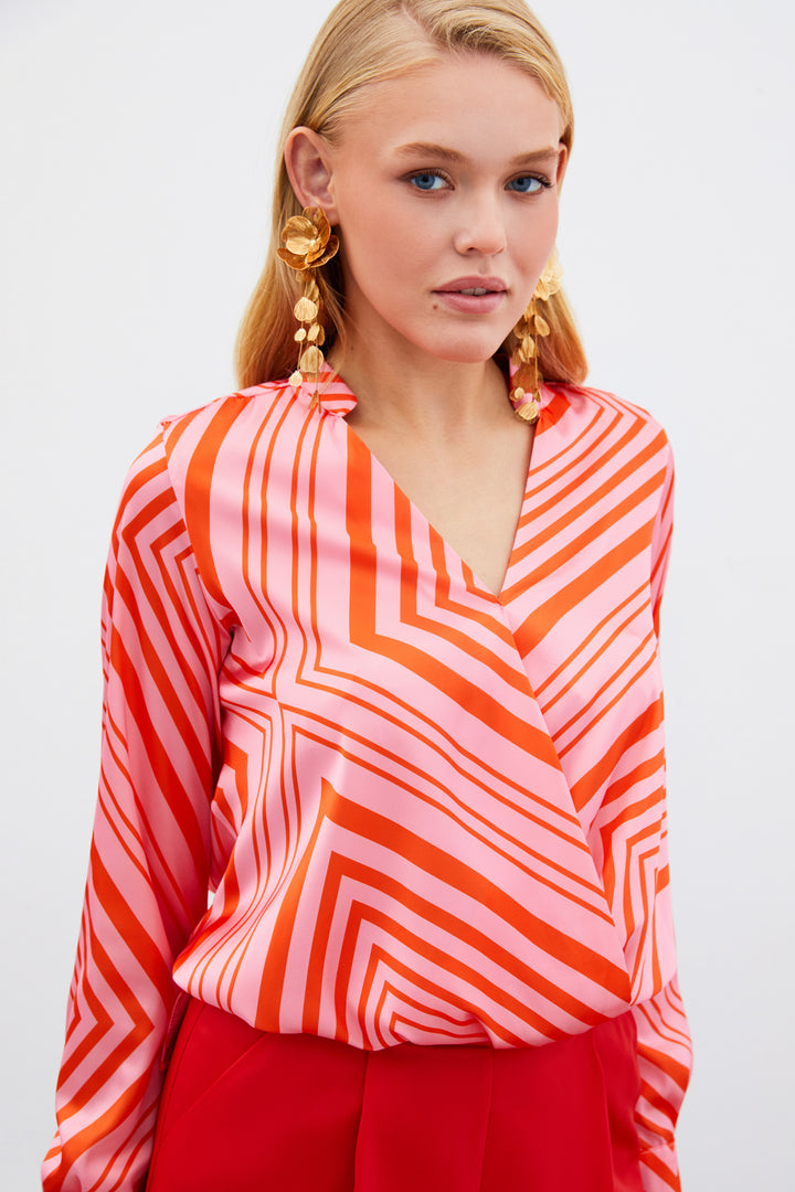 Sateen Blouse Croisée à Motifs - Fuchsia