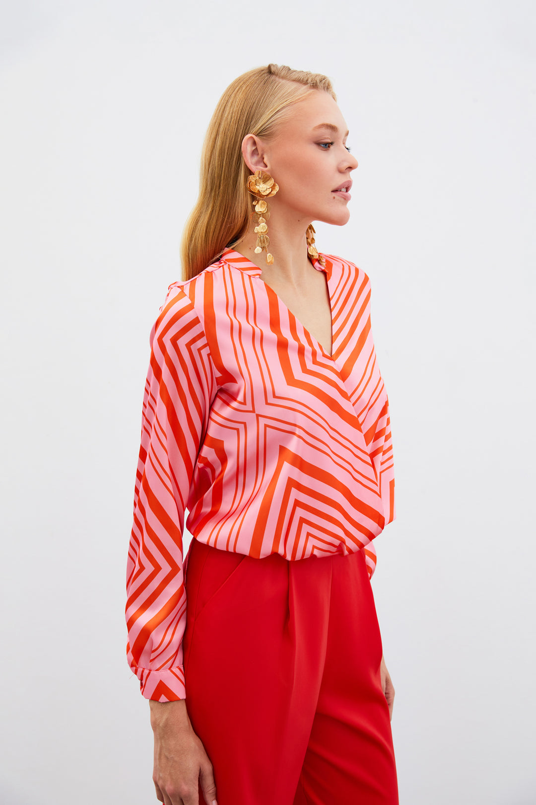 Sateen Blouse Croisée à Motifs - Fuchsia