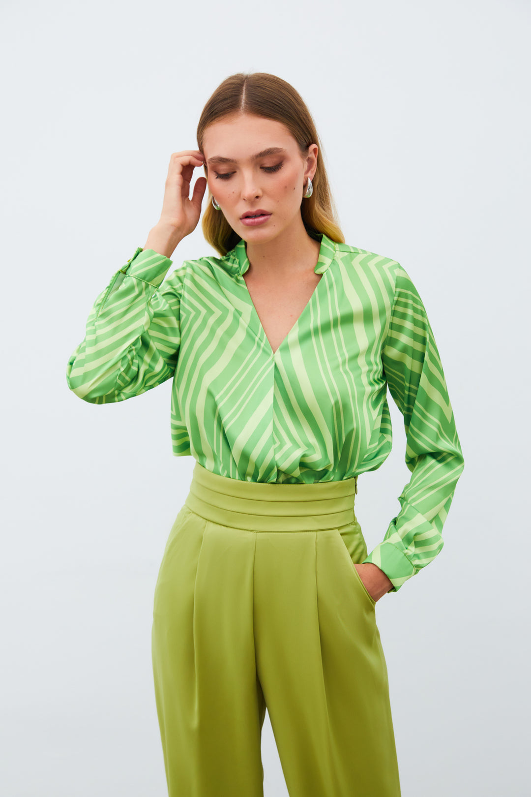 Sateen Blouse Croisée à Motifs - Vert