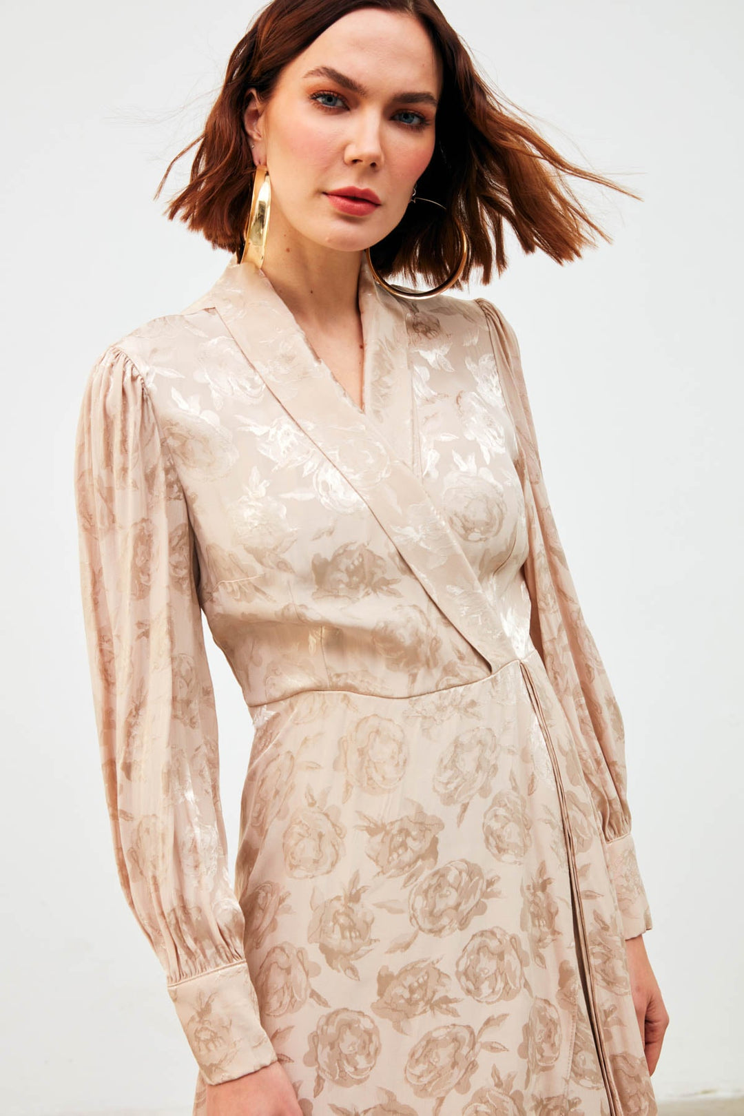 Sateen Robe Longue à Imprimé Croisé - Beige