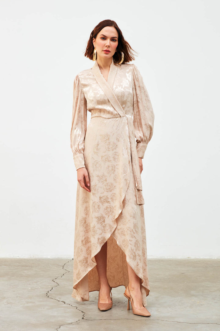 Sateen Robe Longue à Imprimé Croisé - Beige