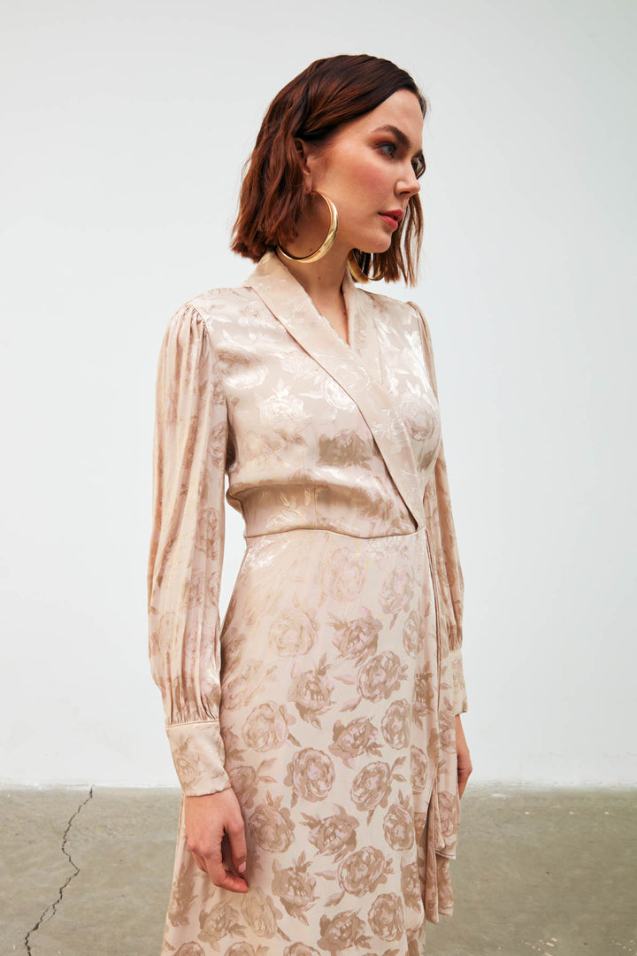 Sateen Robe Longue à Imprimé Croisé - Beige