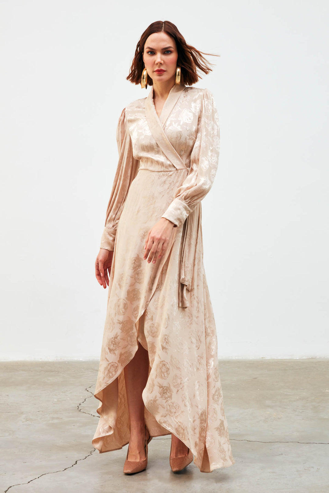 Sateen Robe Longue à Imprimé Croisé - Beige