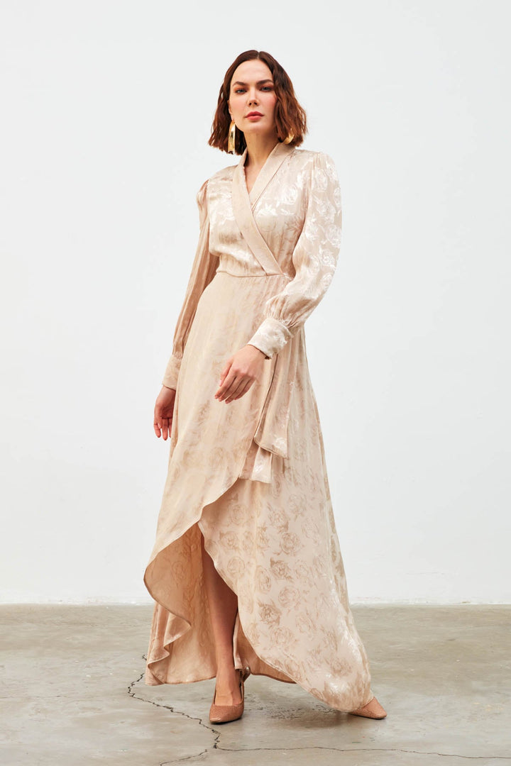 Sateen Robe Longue à Imprimé Croisé - Beige