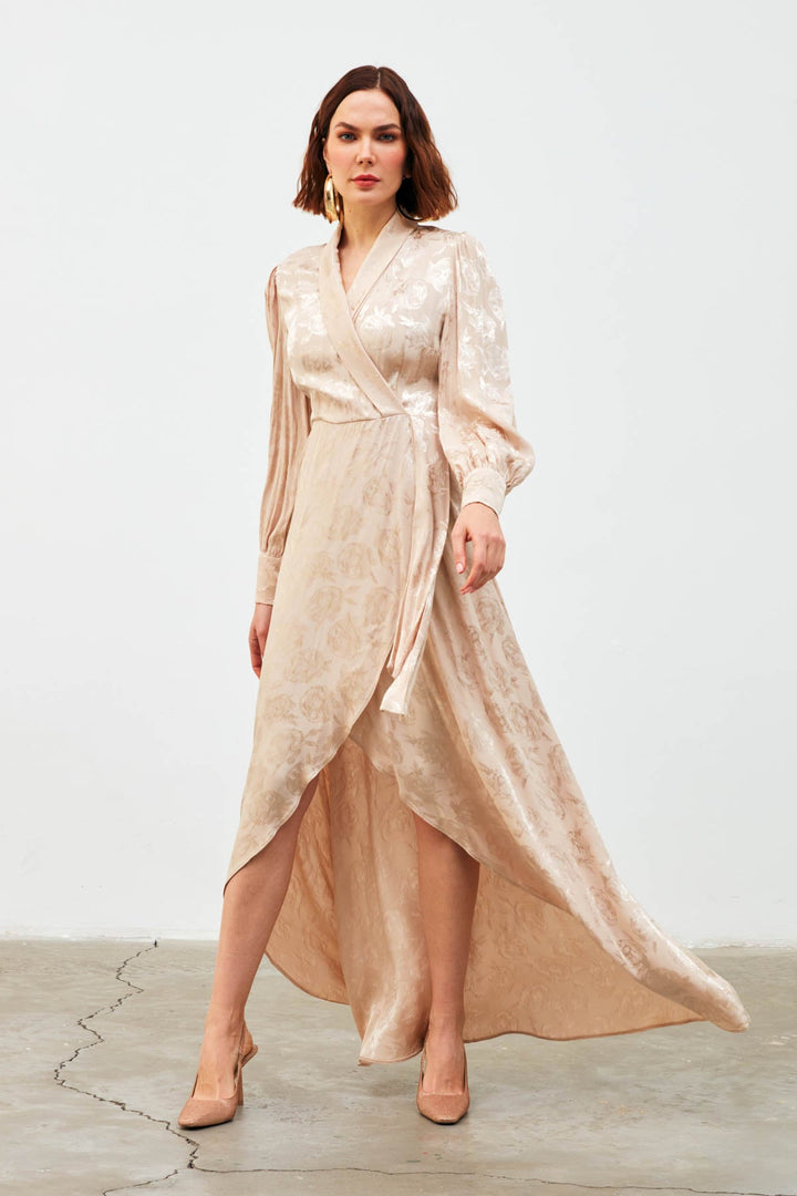 Sateen Robe Longue à Imprimé Croisé - Beige