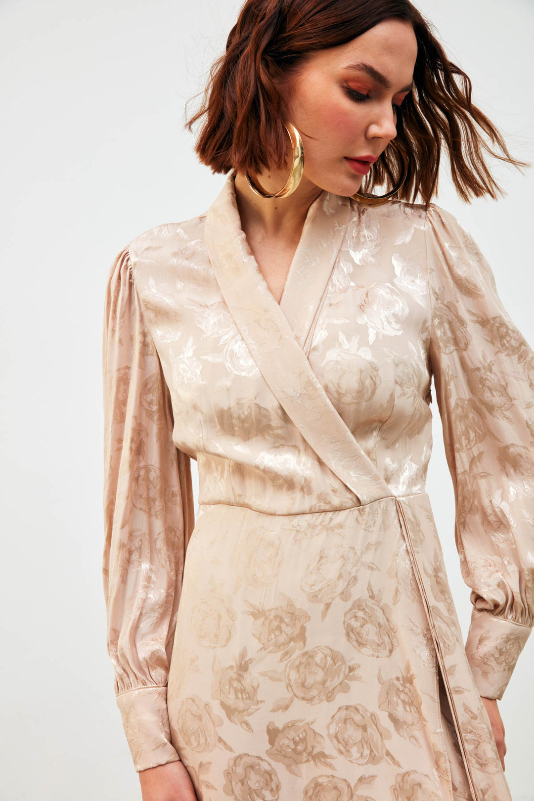Sateen Robe Longue à Imprimé Croisé - Beige
