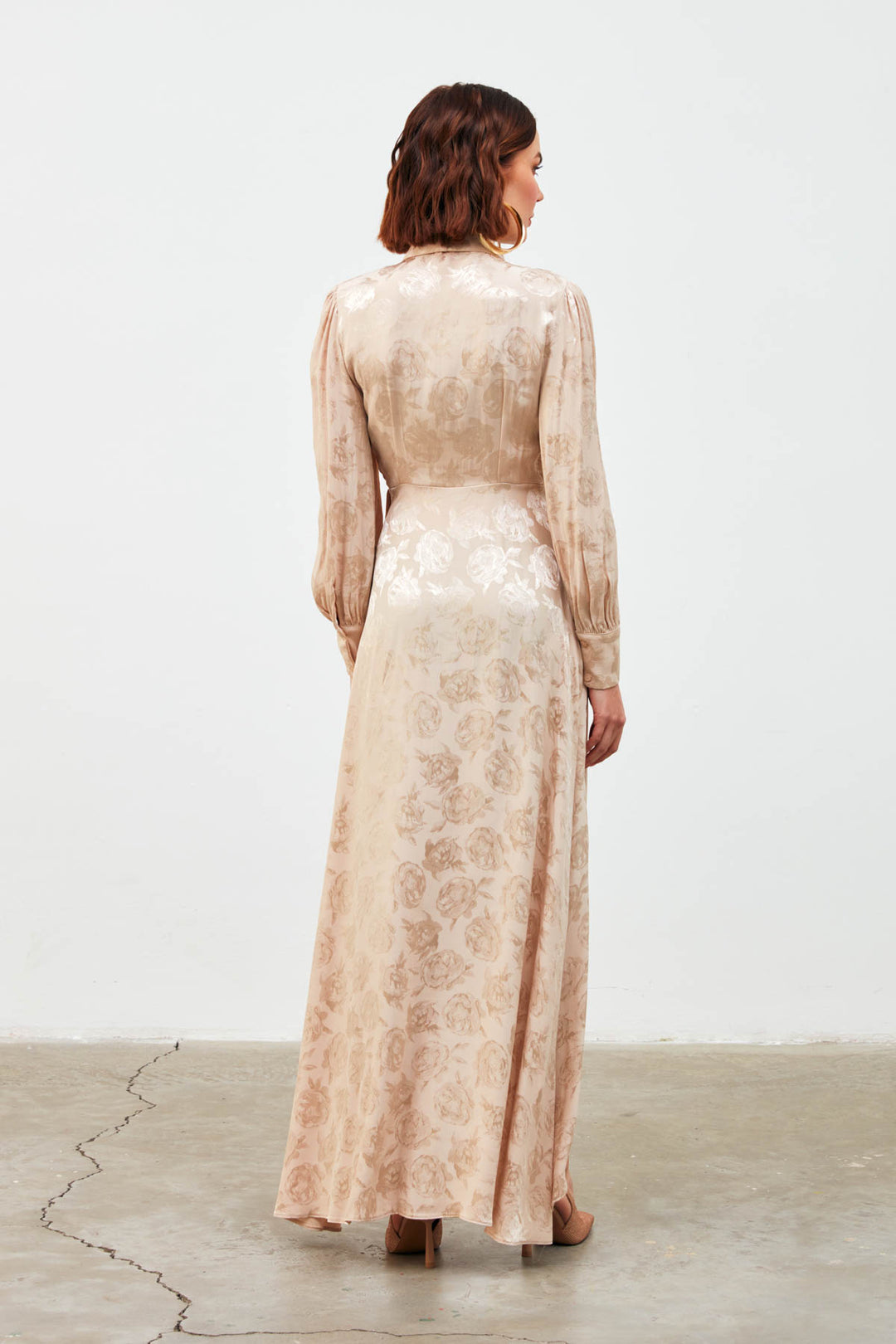 Sateen Robe Longue à Imprimé Croisé - Beige