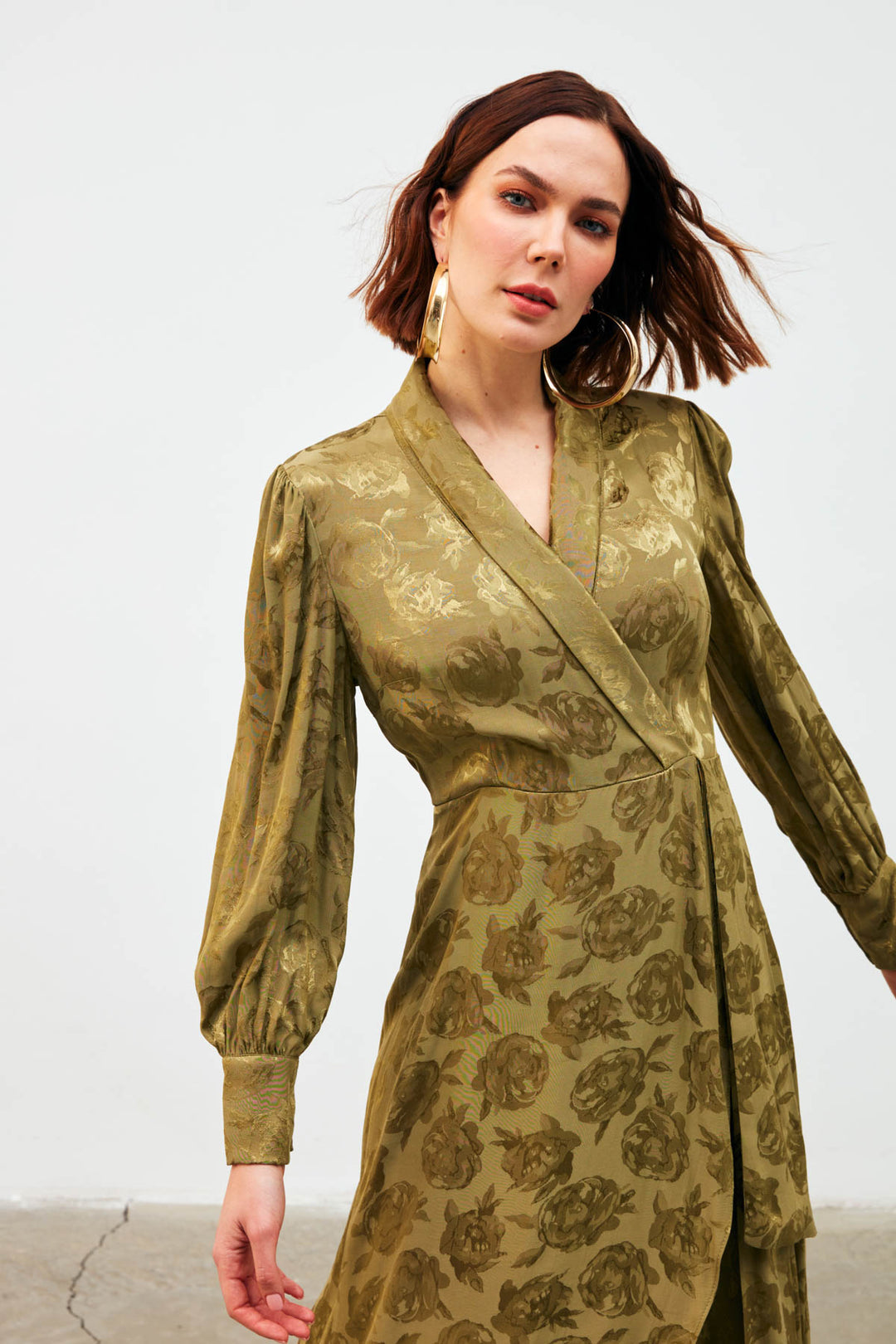 Sateen Robe Longue à Imprimé Croisé - Kaki
