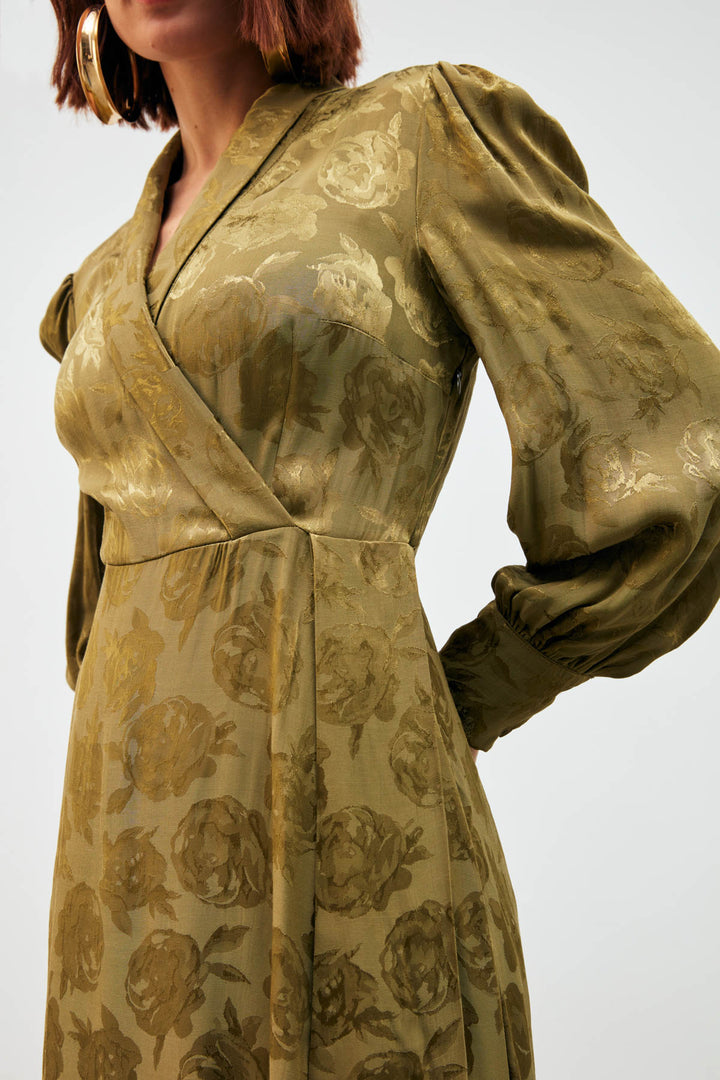 Sateen Robe Longue à Imprimé Croisé - Kaki