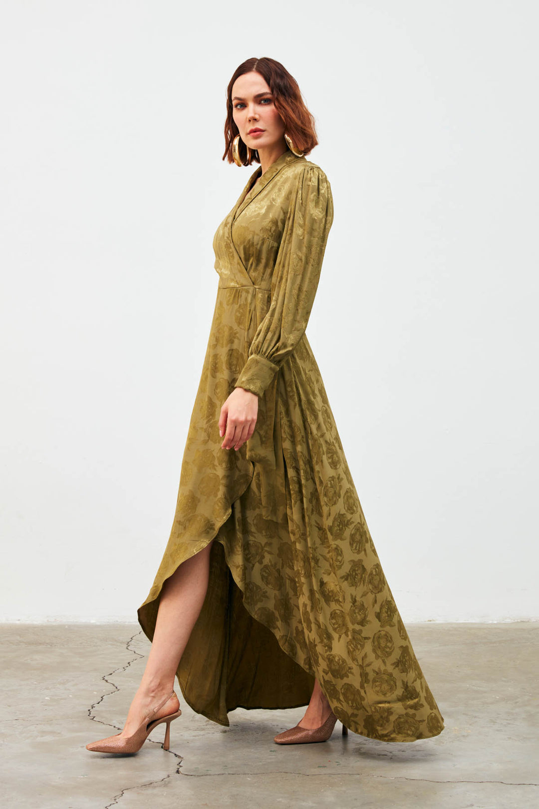 Sateen Robe Longue à Imprimé Croisé - Kaki