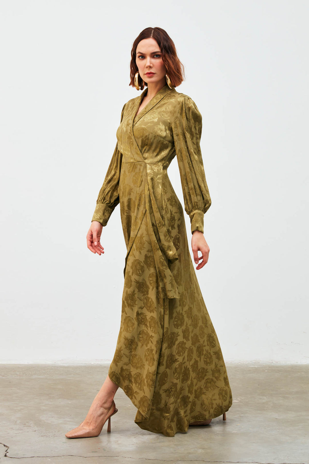 Sateen Robe Longue à Imprimé Croisé - Kaki