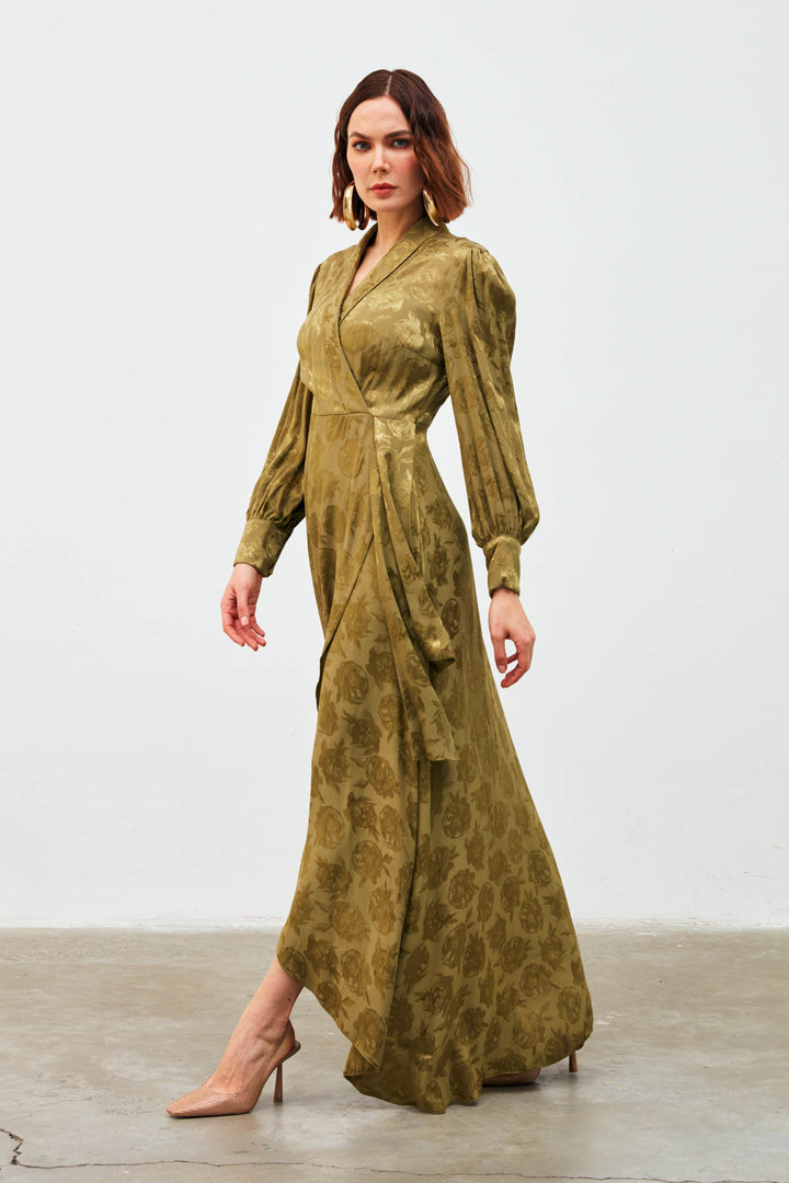 Sateen Robe Longue à Imprimé Croisé - Kaki