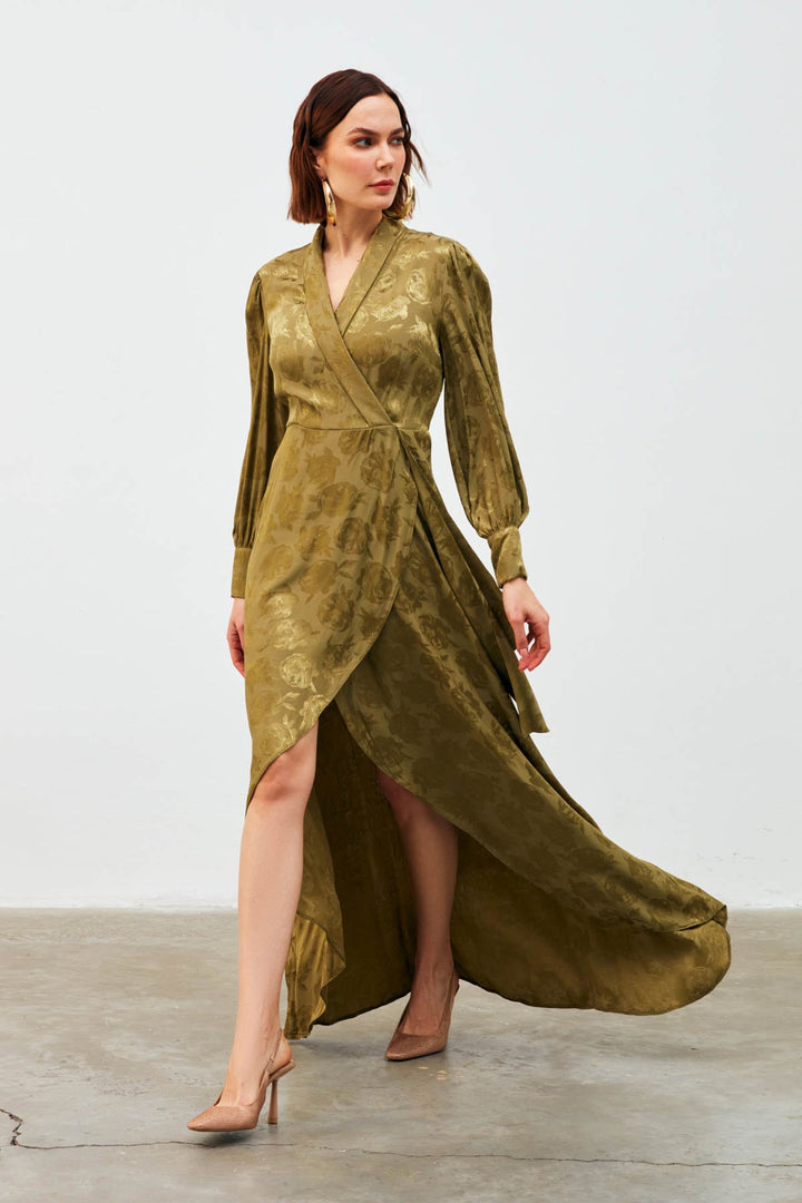 Sateen Robe Longue à Imprimé Croisé - Kaki