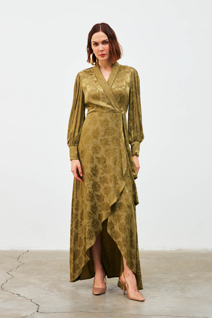 Sateen Robe Longue à Imprimé Croisé - Kaki