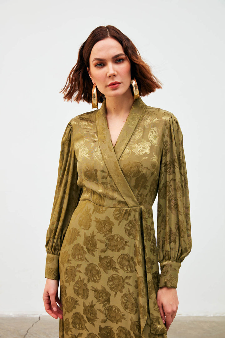 Sateen Robe Longue à Imprimé Croisé - Kaki