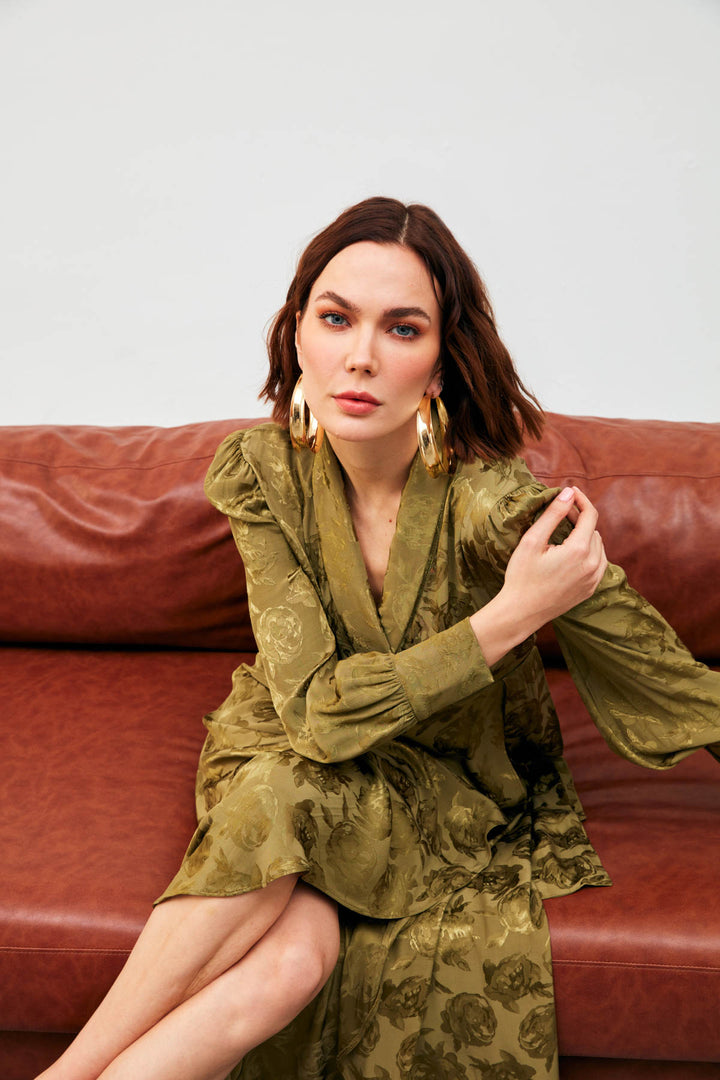Sateen Robe Longue à Imprimé Croisé - Kaki