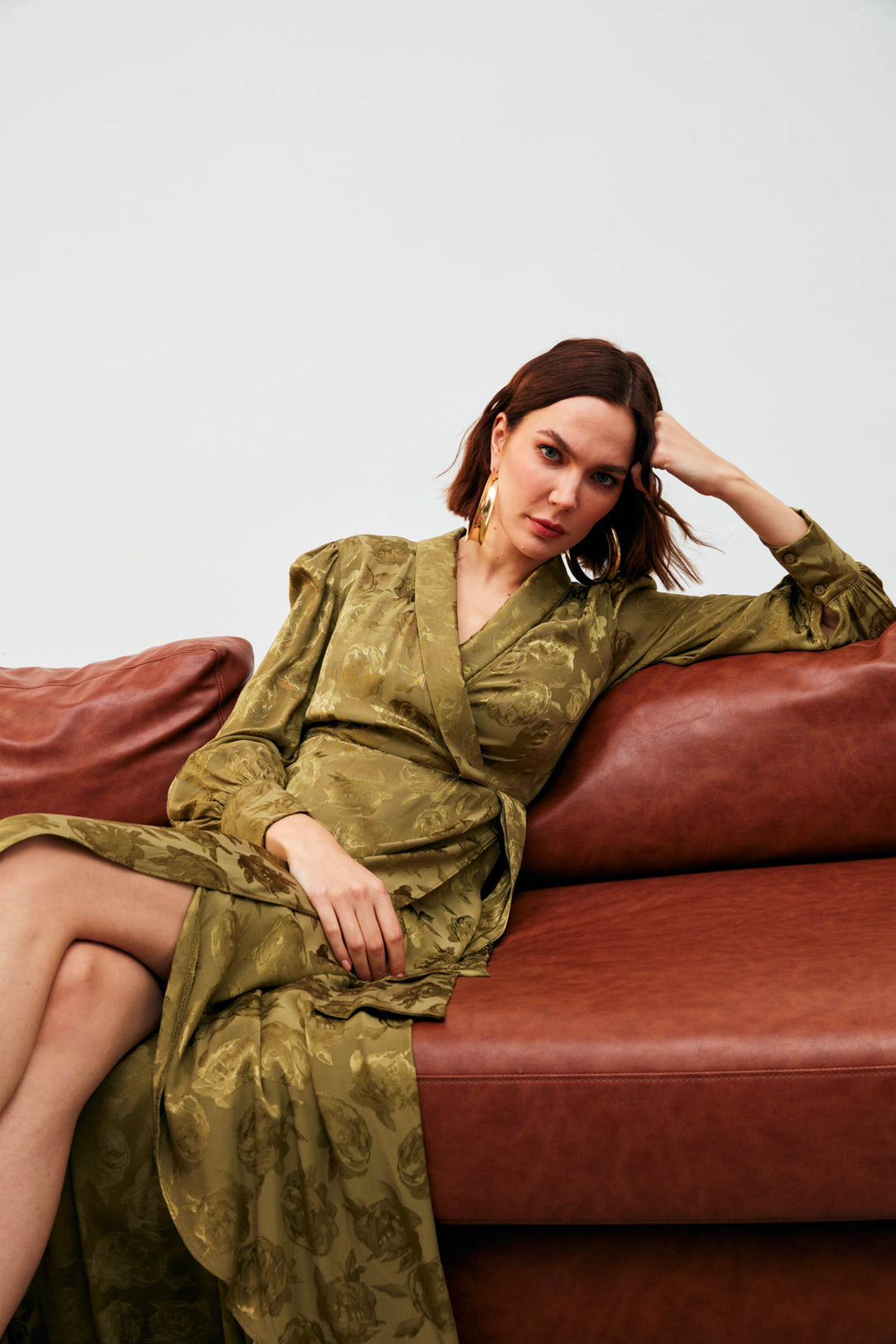 Sateen Robe Longue à Imprimé Croisé - Kaki