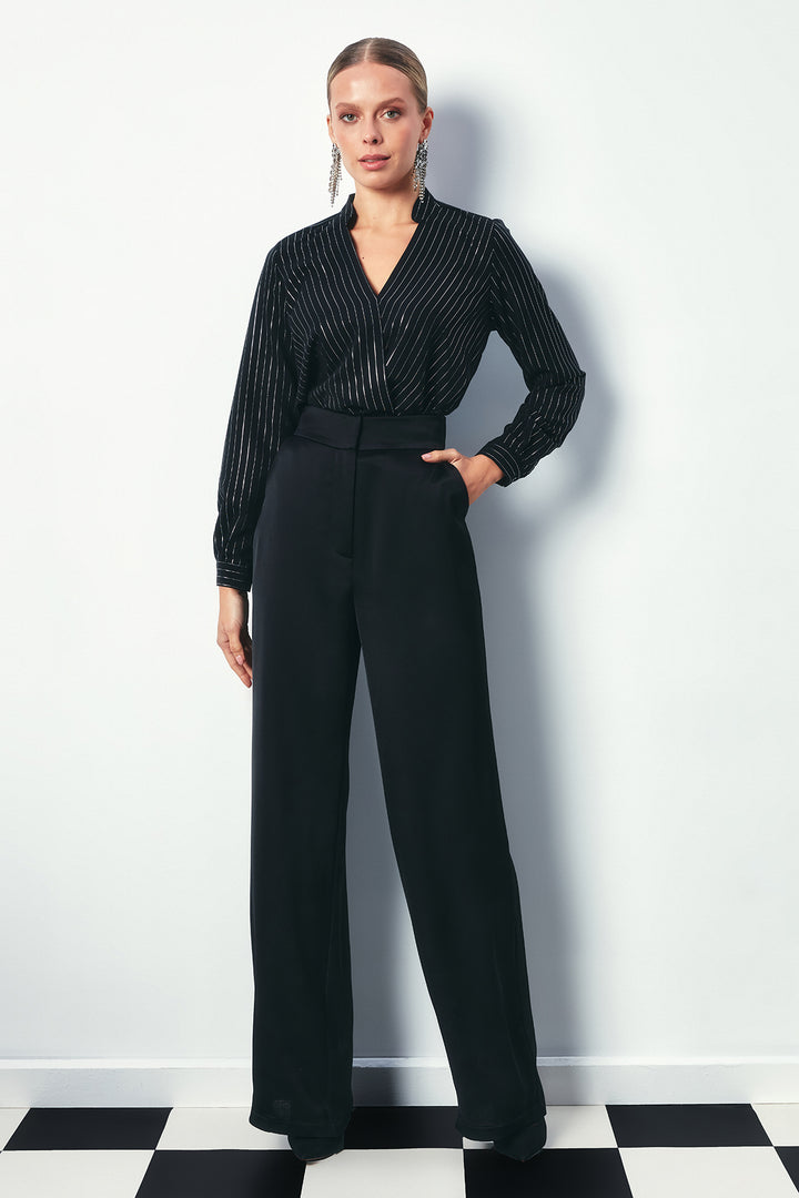 Sateen Blouse Rayée Brillante Croisée - Noir