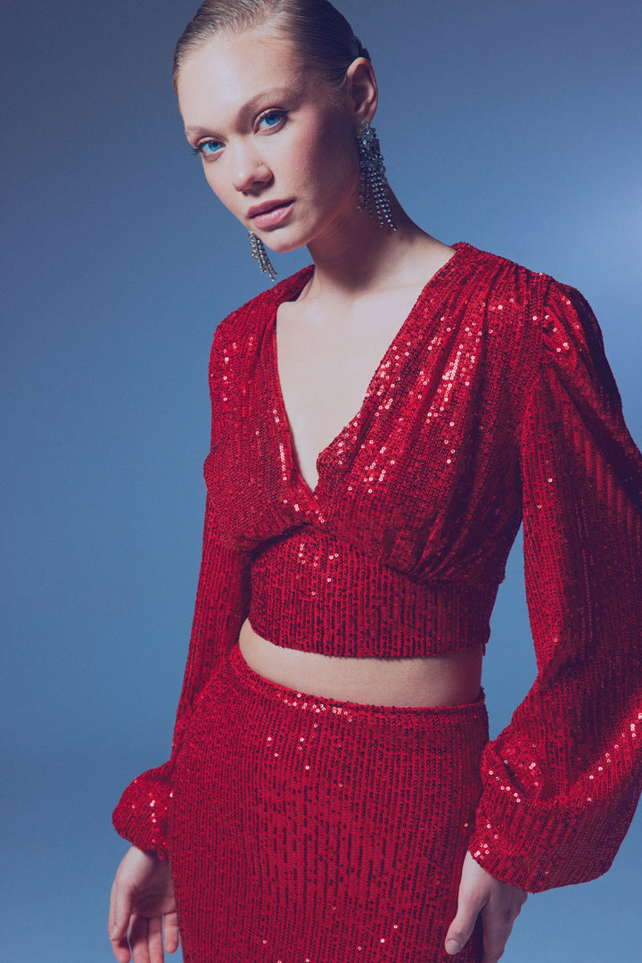 Sateen Top Crop Pailleté Croisé - Rouge