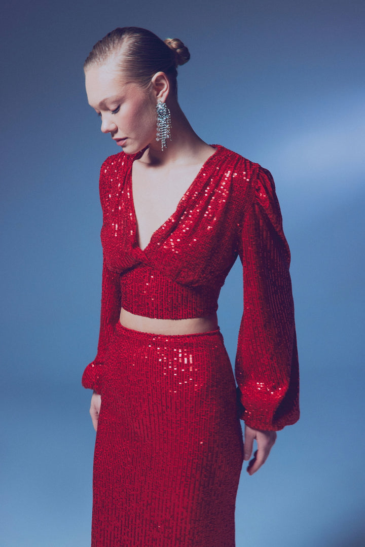 Sateen Top Crop Pailleté Croisé - Rouge