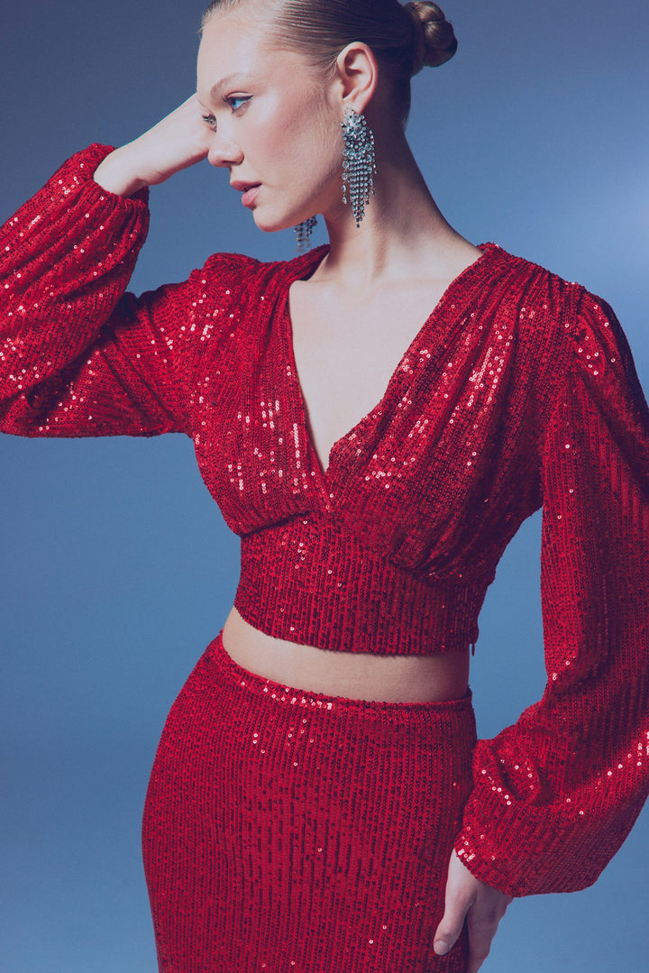 Sateen Top Crop Pailleté Croisé - Rouge