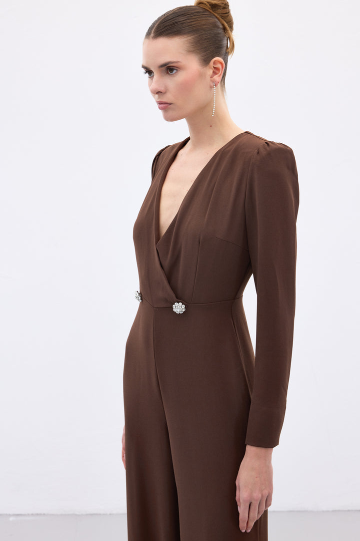 Sateen Combinaison en Crêpe avec Détails en Pierre - Marron