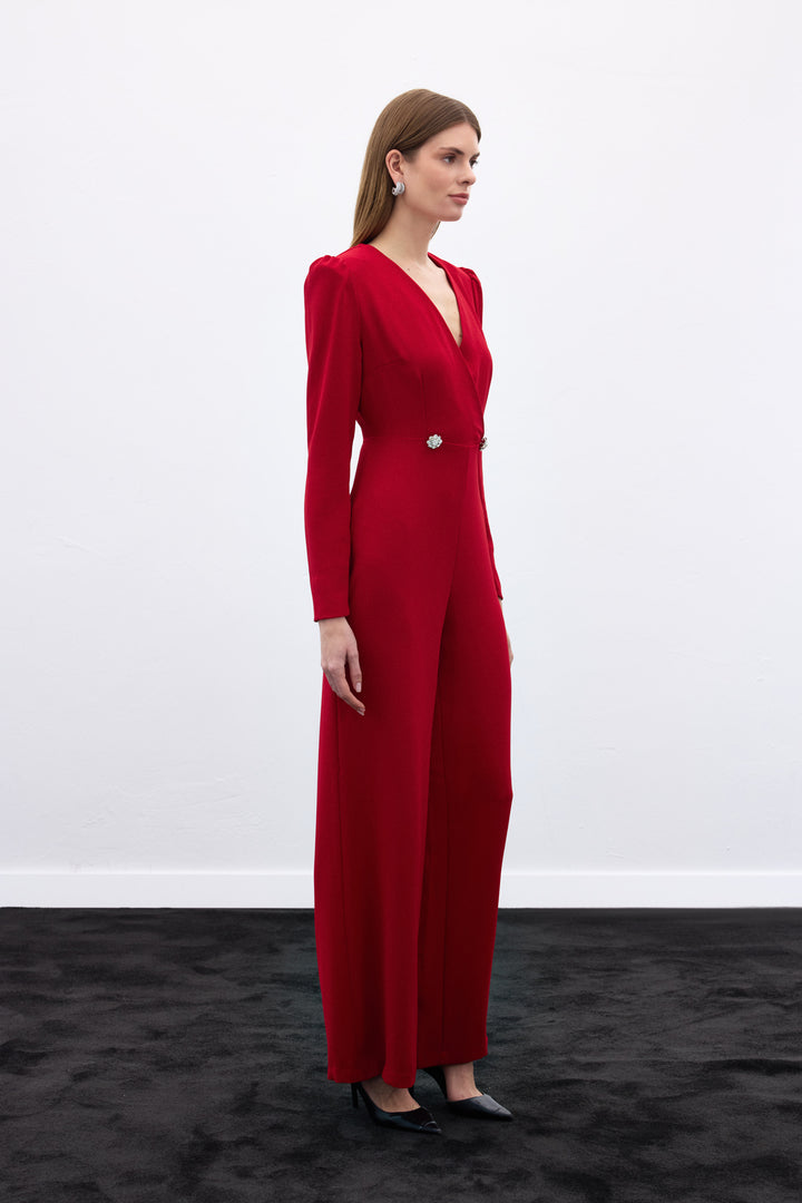 Sateen Combinaison en crêpe avec détails en pierres - Rouge