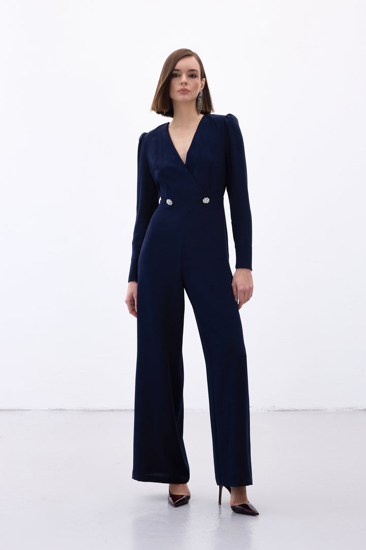 Sateen Combinaison en crêpe à détails croisés et ornements - Bleu marine