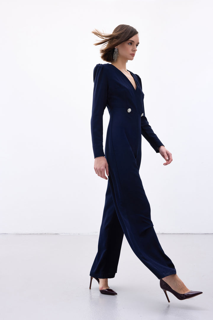 Sateen Combinaison en crêpe à détails croisés et ornements - Bleu marine