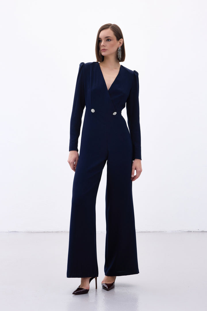 Sateen Combinaison en crêpe à détails croisés et ornements - Bleu marine