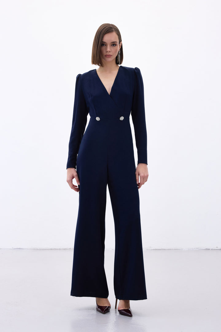Sateen Combinaison en crêpe à détails croisés et ornements - Bleu marine