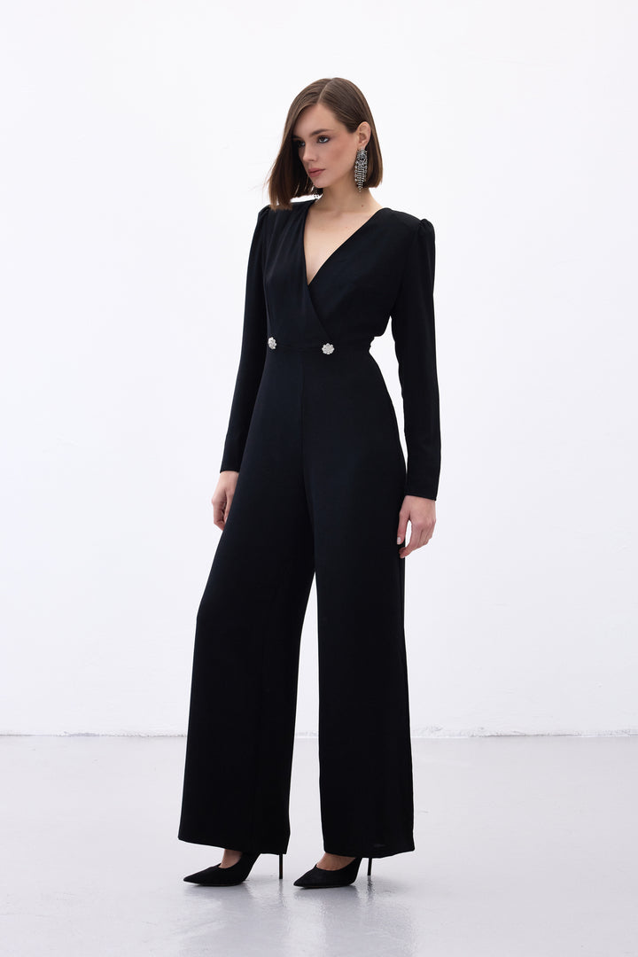 Sateen Combinaison en crêpe avec détails en pierres - Noir