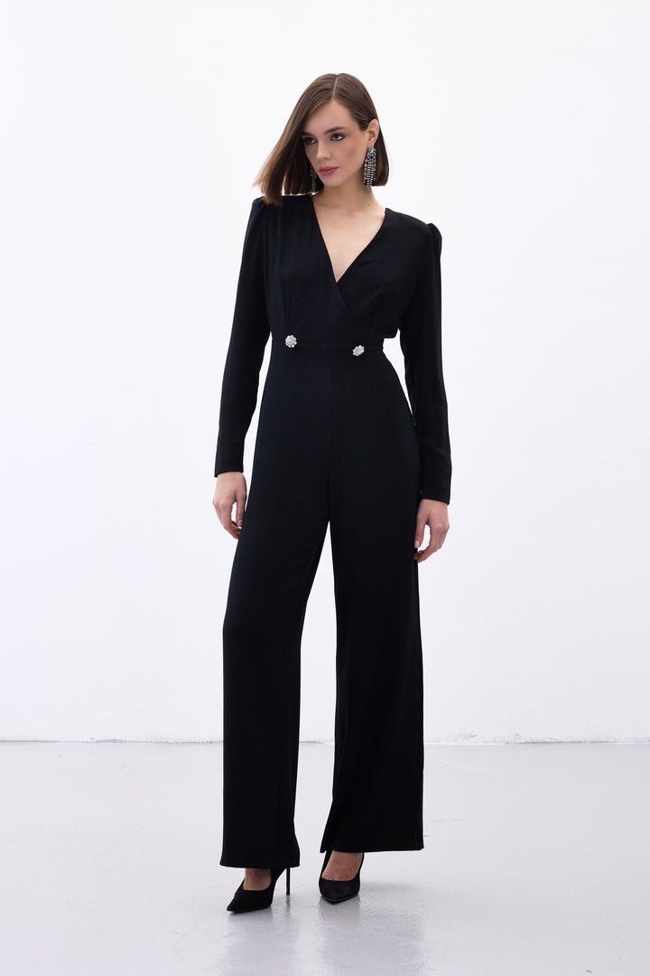 Sateen Combinaison en crêpe avec détails en pierres - Noir