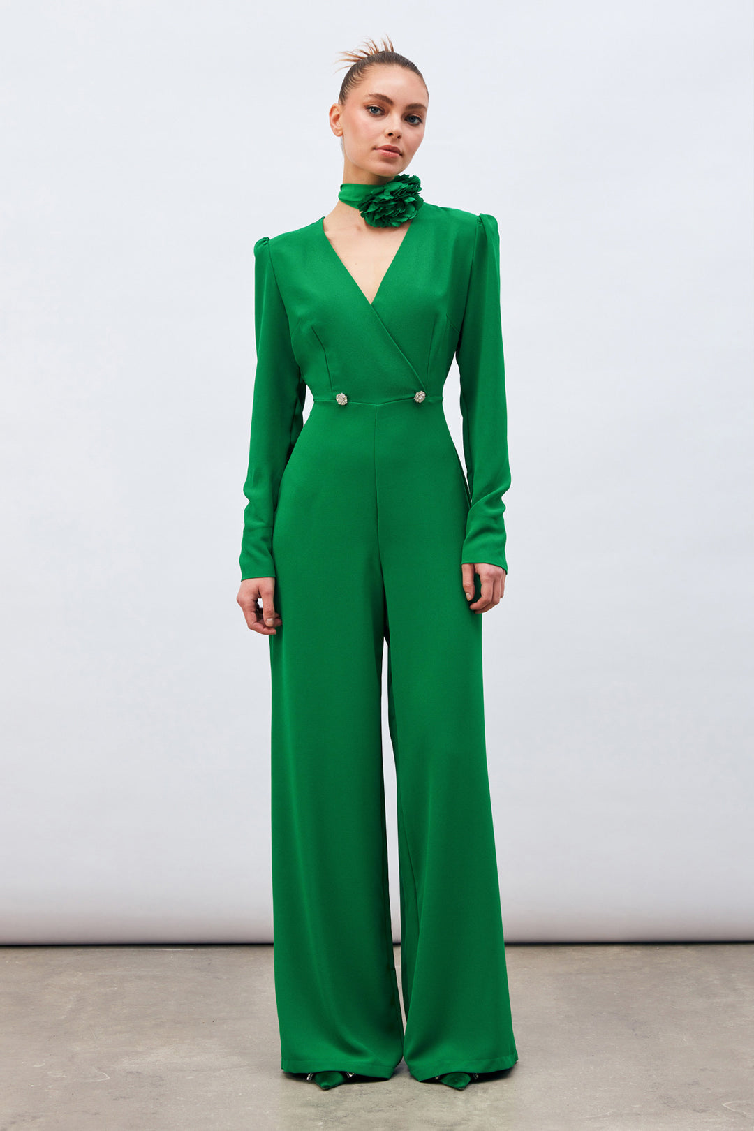 Sateen Combinaison en crêpe avec pierres décoratives - Vert