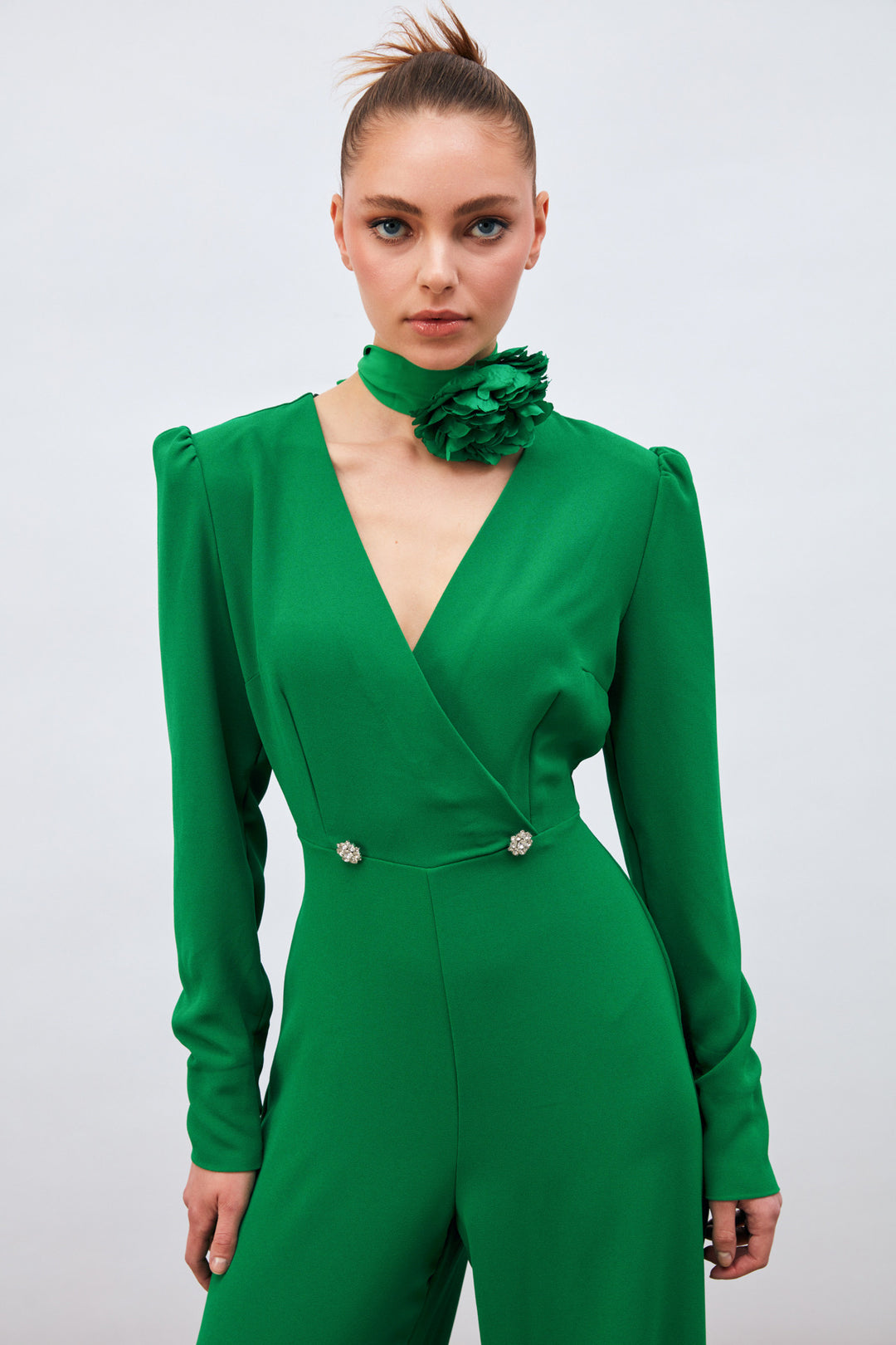 Sateen Combinaison en crêpe avec pierres décoratives - Vert