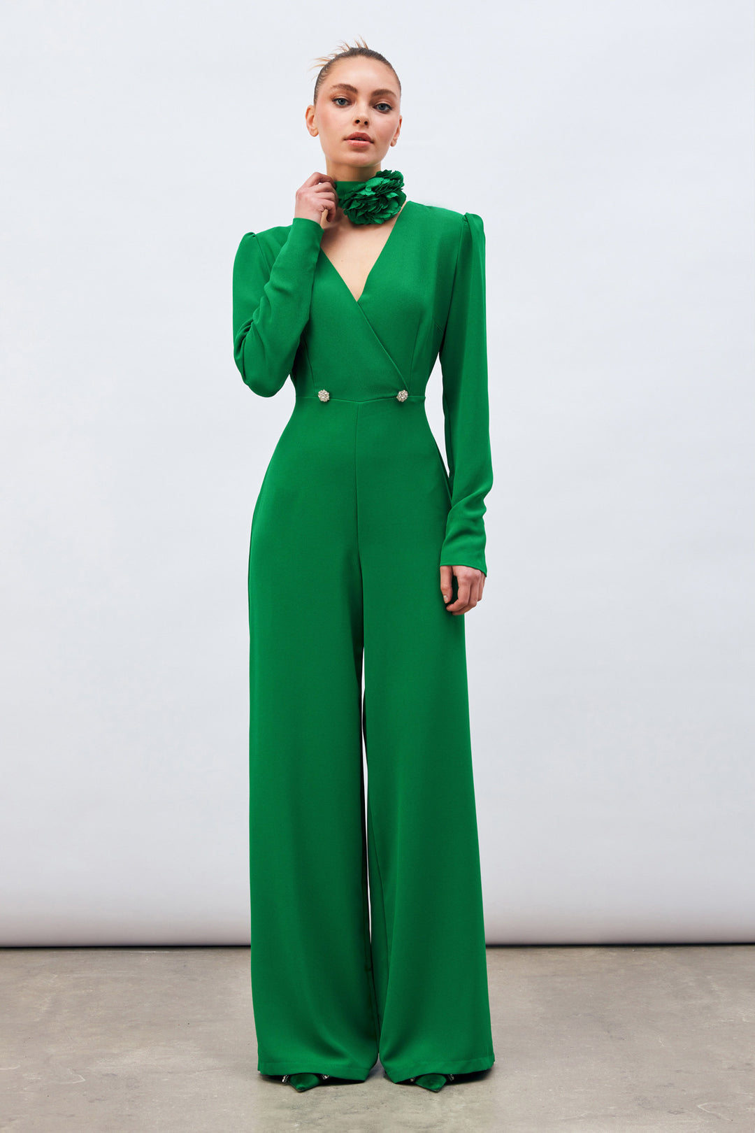 Sateen Combinaison en crêpe avec pierres décoratives - Vert