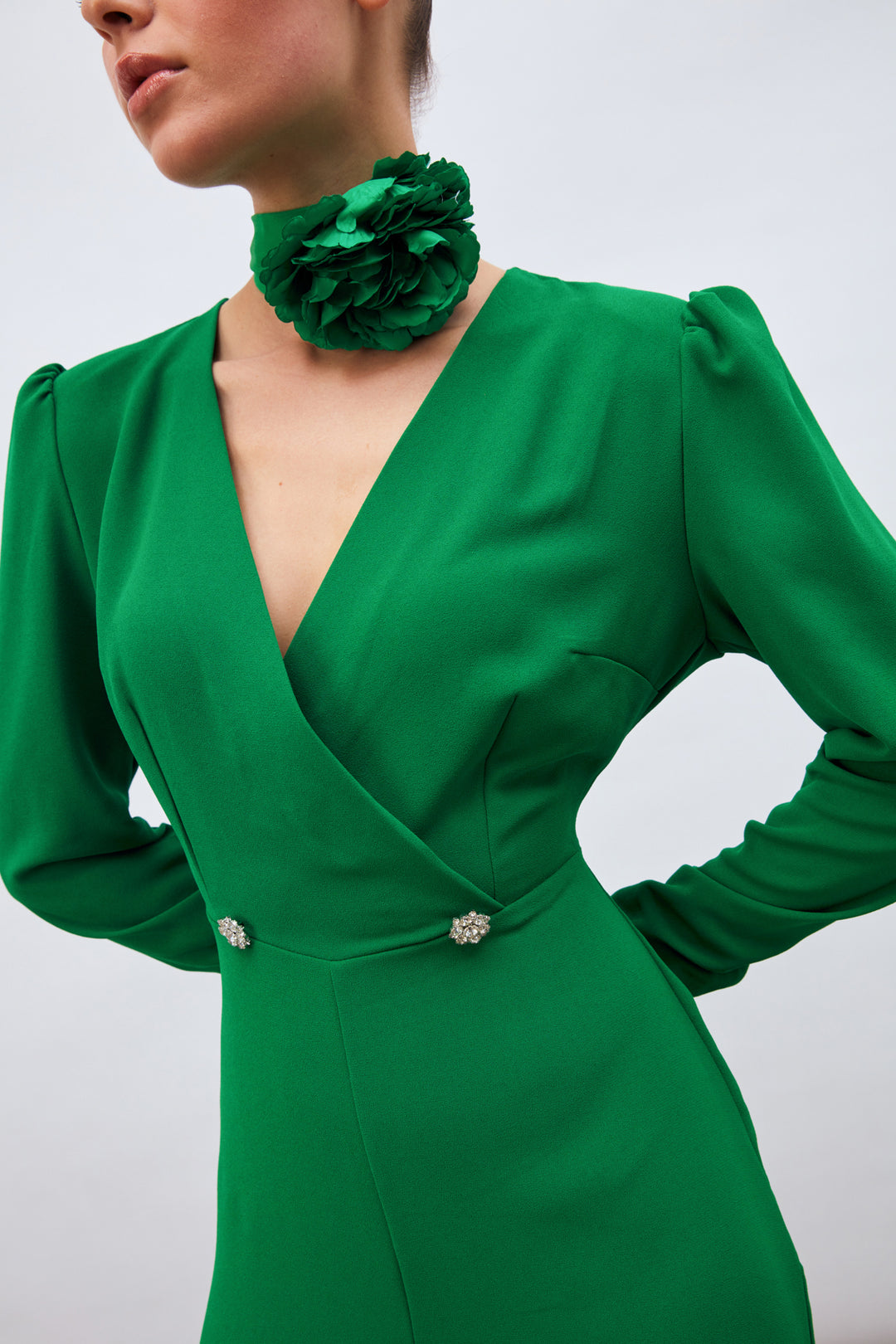 Sateen Combinaison en crêpe avec pierres décoratives - Vert