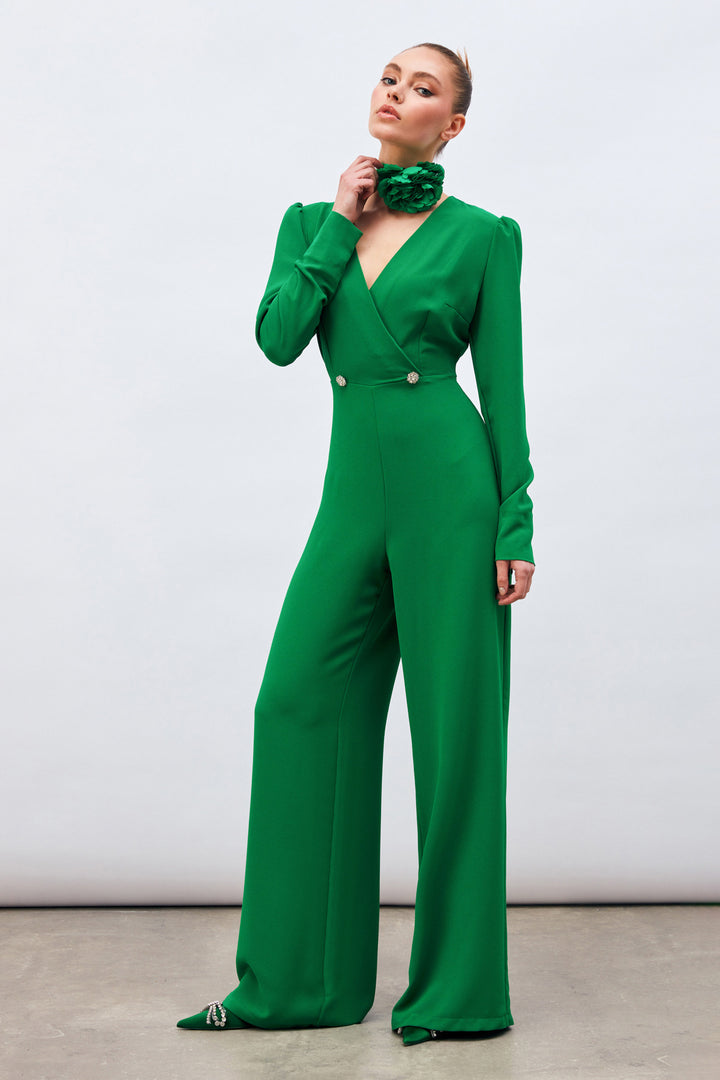 Sateen Combinaison en crêpe avec pierres décoratives - Vert