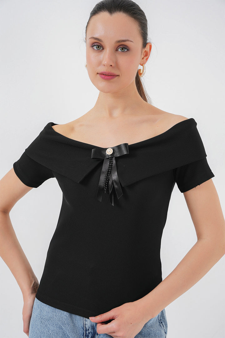 Bigdart Blouse Tricotée Détail Nœud 949 - Noir