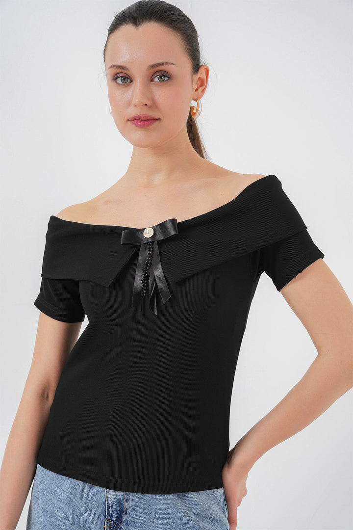 Bigdart Blouse Tricotée Détail Nœud 949 - Noir